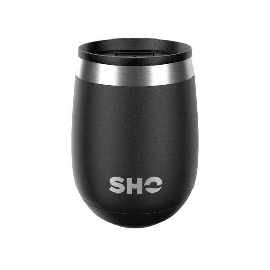 SHO reusable drinks tumbler in Jet Black with slider spill proof lid