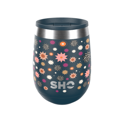 SHO reusable drinks tumbler in Nova design (black background with bright stars) with black slider spill proof lid