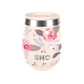 SHO reusable drinks tumbler in Summer romance (a pale pink background with pink and grey flowers) with pale pink slider spill proof lid