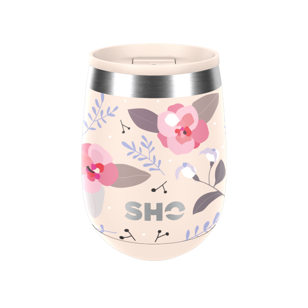 SHO reusable drinks tumbler in Summer romance (a pale pink background with pink and grey flowers) with pale pink slider spill proof lid