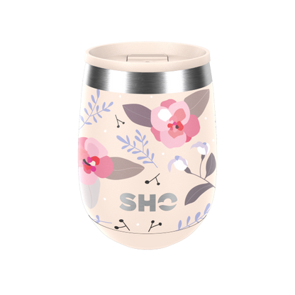 SHO reusable drinks tumbler in Summer romance (a pale pink background with pink and grey flowers) with pale pink slider spill proof lid