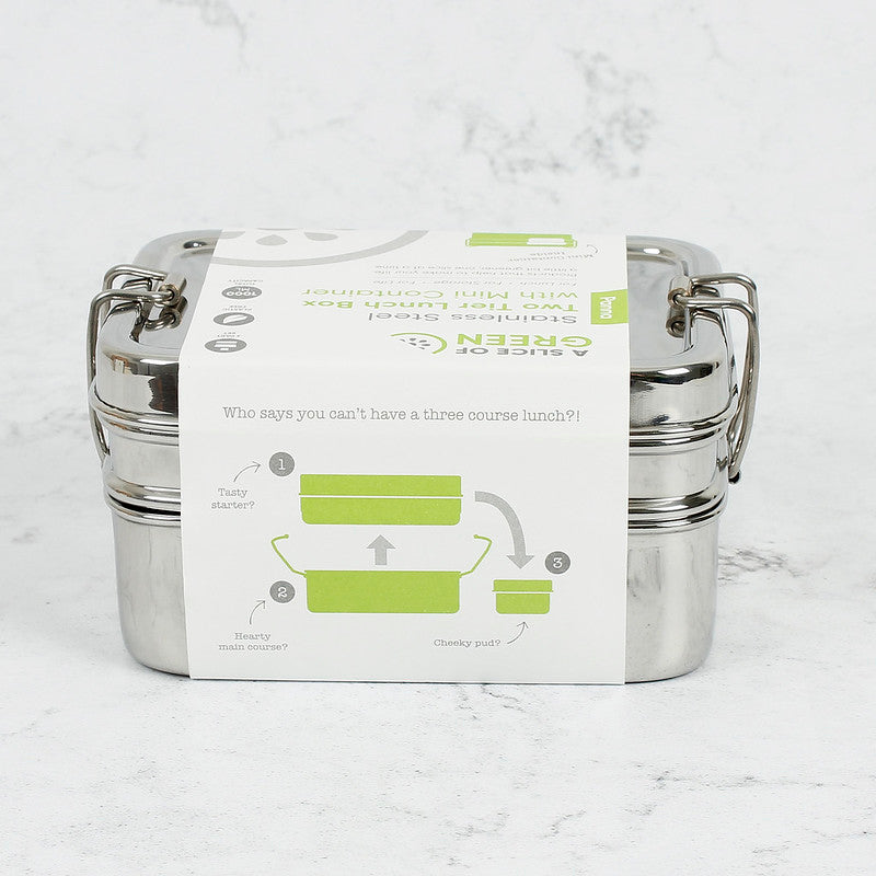 Stainless steel two tier lunch box with paper label