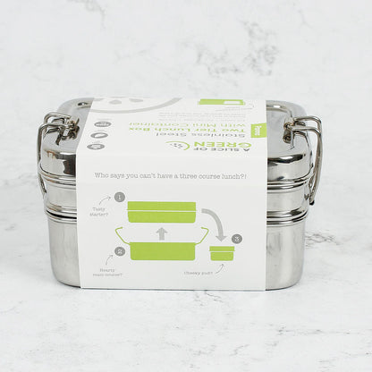 Stainless steel two tier lunch box with paper label