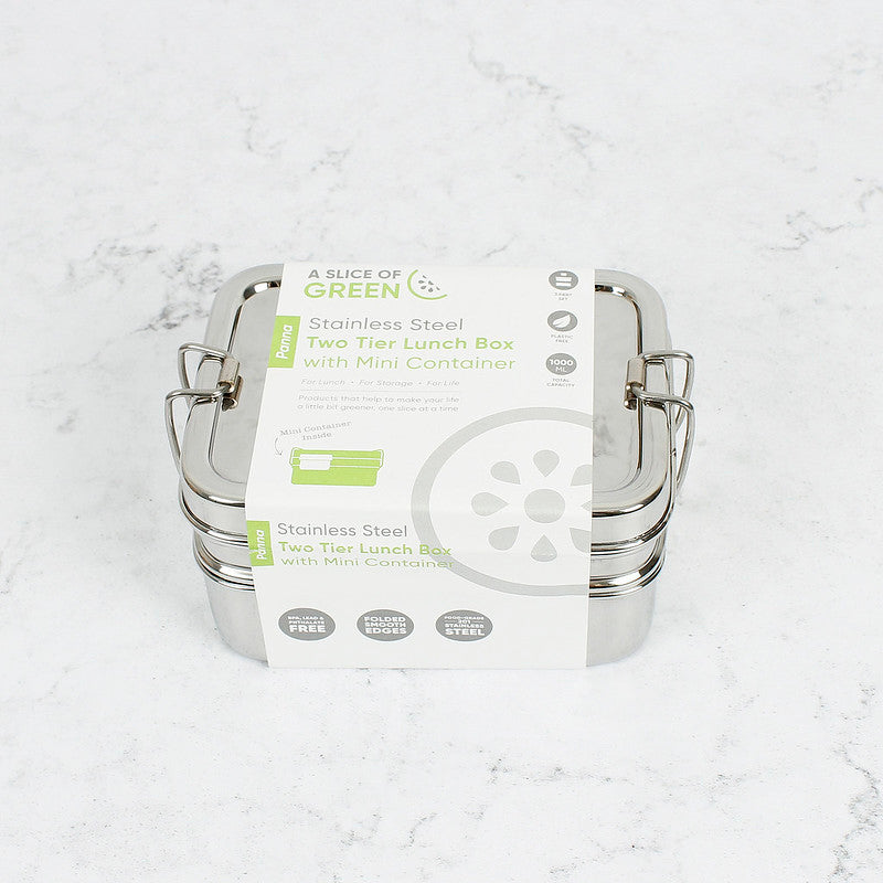 Stainless steel two tier lunch box with paper label