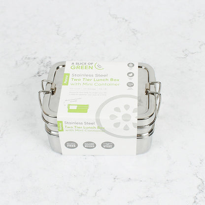 Stainless steel two tier lunch box with paper label