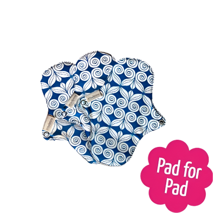 Eco Femme natural organic panty liner set, showing 3 pads with blue and white swirl bottom layer 