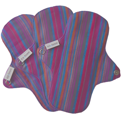 Eco Femme reusable panty liners (back) in purple and blue stripes