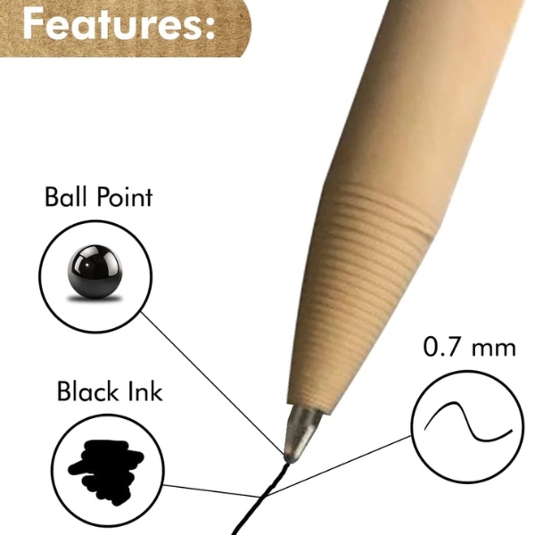 A close-up of a paper ballpoint pen tip with callout graphics showing features: a black ball point, black ink, and a 0.7 mm line width.