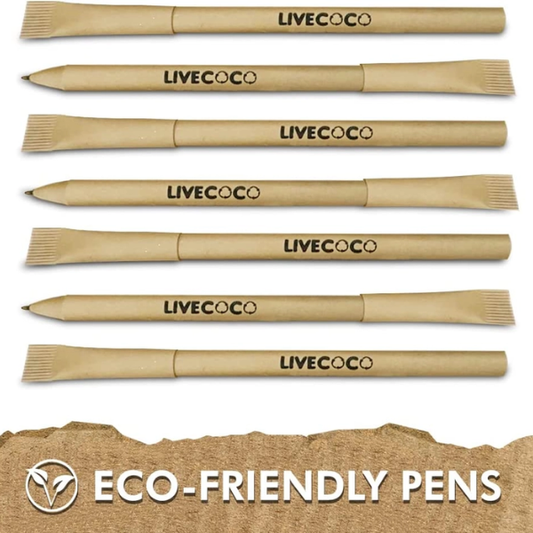 Six paper pens with black LIVECOCO branding, arranged horizontally on a white background with a torn brown paper graphic at the bottom reading 'ECO-FRIENDLY PENS'.