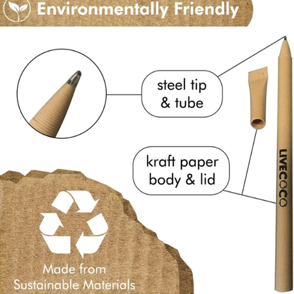 A paper pencil with a metal tip and paper tube, shown with callout labels explaining sustainable materials and steel tip, on a white background with environmental messaging.