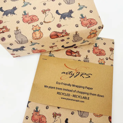 PlanetWrapIt eco-friendly kraft wrapping paper with colourful party cats and paper label