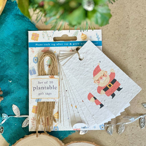 A set of 10 plantable gift tags in cardboard packaging, next to a bundle of natural jute twine. The gift tags are white seeded paper with a colourful illustration of Santa Claus on the top tag.