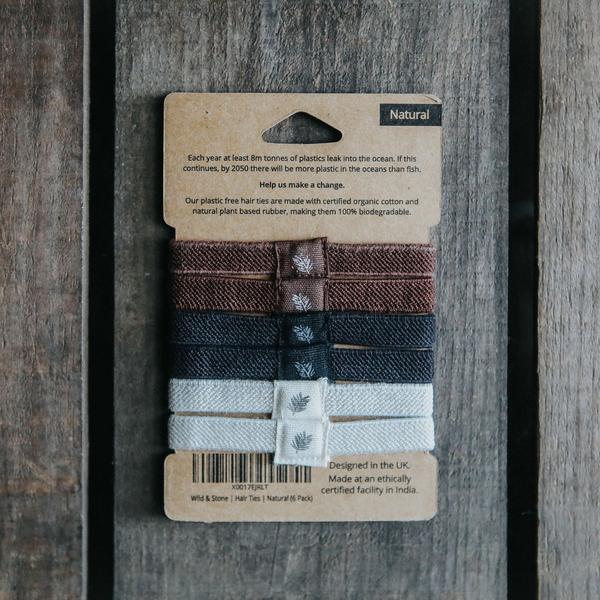 Pack of 6 plastic-free and eco-friendly hair bands/ Hair ties in cardboard pack Natural colours (two black, two brown, two cream)