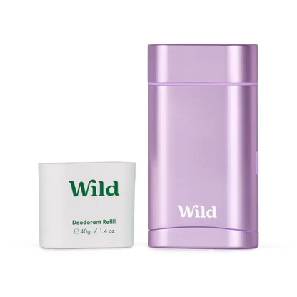 Deodorant case in purple with deodorant refill alongside