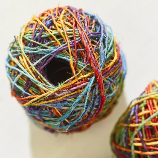 Rainbow hemp twine yarn shown close up