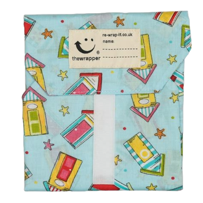 Sandwich wrapper in Random beach huts (light blue background with colourful beach huts)