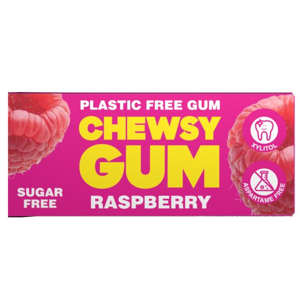 A rectangular box of Chewsy Gum Raspberry plastic-free chewable gum. The packaging features a bright pink background with bold yellow text reading 'CHEWSY GUM' and white text reading 'RASPBERRY'.