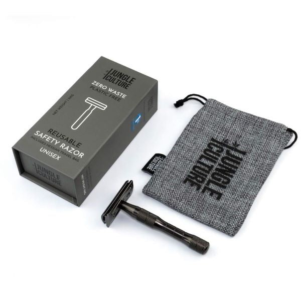 Safety razor in metallic black with soap bar, hessian travel bag and plastic-free packaging