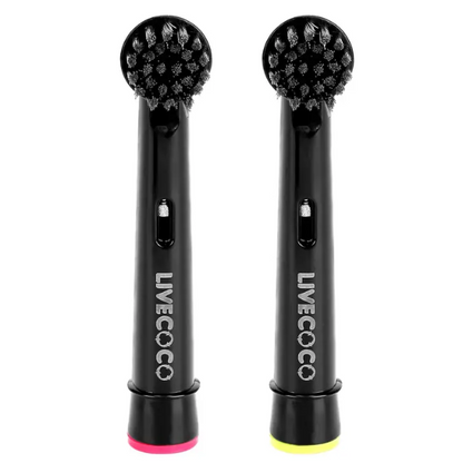 Two Live Coco recyclable electric toothbrush heads shown side by side