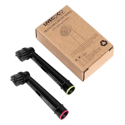 Two Live Coco recyclable electric toothbrush heads shown side by side next to cardboard packaging