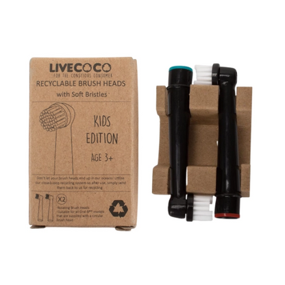 Two Live Coco recyclable electric toothbrush junior heads shown side by side with cardboard packaging