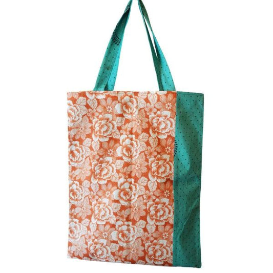Recycled sari tote bag with orange flowers and teal spotty pattern