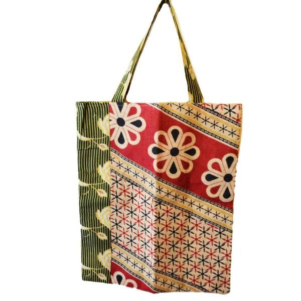 Recycled sari tote bag with red and beige flowers and stars