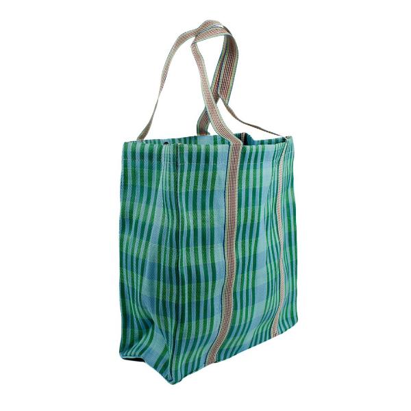 Recycled cement sack in 'Ocean' colourway (blue and green stripes) shown on white background