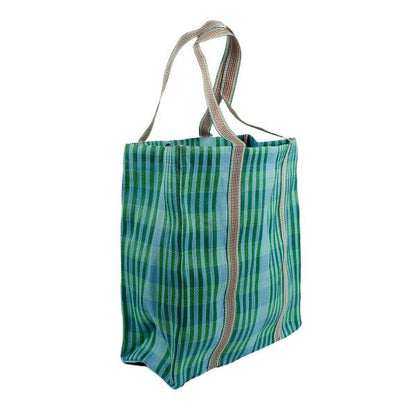 Recycled cement sack in 'Ocean' colourway (blue and green stripes) shown on white background