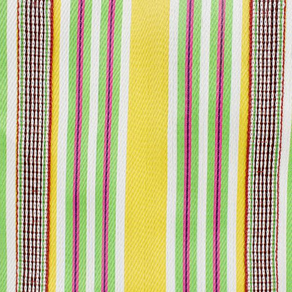 Recycled cement sack in 'Beach' colourway (yellow, white, pink, green stripes) shown close up