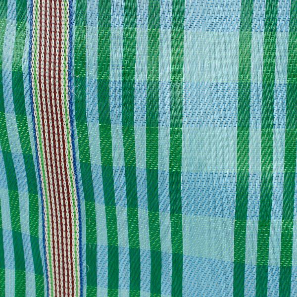 Recycled cement sack in 'Ocean' colourway (blue and green stripes) shown close up