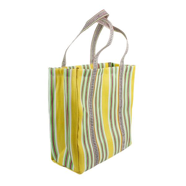 Recycled cement sack in 'Beach' colourway (yellow, white, green stripes) shown on white background