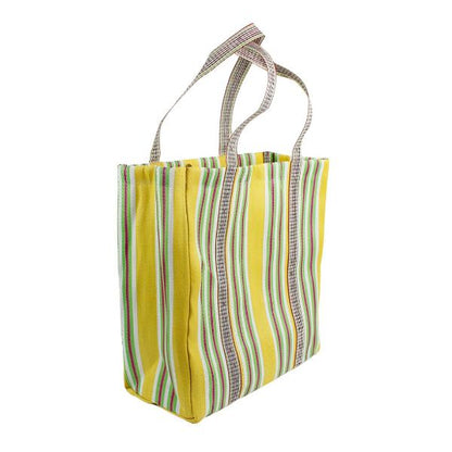 Recycled cement sack in 'Beach' colourway (yellow, white, green stripes) shown on white background