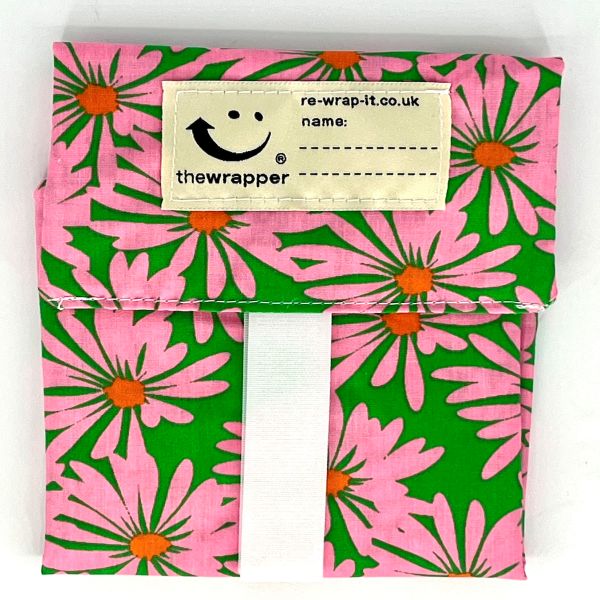 Re-Wrap-It food wrap with retro floral pattern, eco-friendly sandwich wrapper for packing sandwiches and snacks.