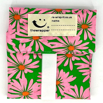 Re-Wrap-It food wrap with retro floral pattern, eco-friendly sandwich wrapper for packing sandwiches and snacks.