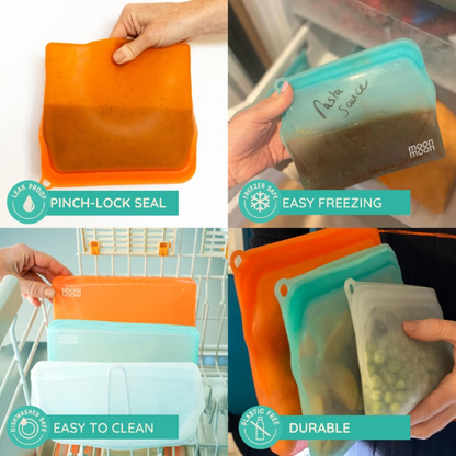 Set of three reusable silicone food pouches by Moonmoon in mixed sizes, ideal for storing snacks and leftovers.