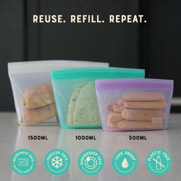 Reusable silicone bowl bags shown in 3 sizes with food inside and text reading "Reuse, Refill, Repeat. Microwave safe, Freezer safe, Dishwasher safe, leak proof, Plastic free)"