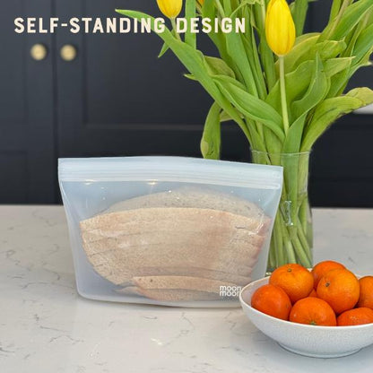 Reusable silicone bowl bag with bread inside and text reading "Self-standing design"