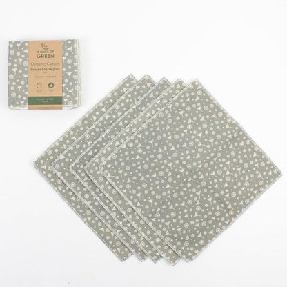 A pack of reusable cotton wipes with a grey and white pattern, shown with its paper label packaging on a clean white background.