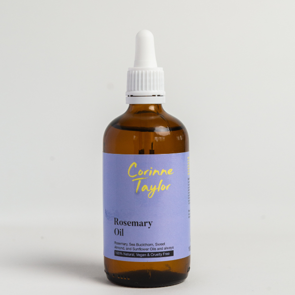 Rosemary oil for skin and hair shown in glass bottle with white pipette