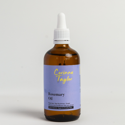 Rosemary oil for skin and hair shown in glass bottle with white pipette