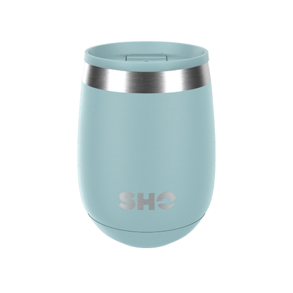 SHO reusable drinks tumbler in Arctic mist (pale icy blue) slider spill proof lid