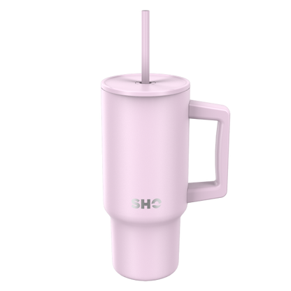 SHO reusable insulated large tumbler in pale lavender shown with straw lid