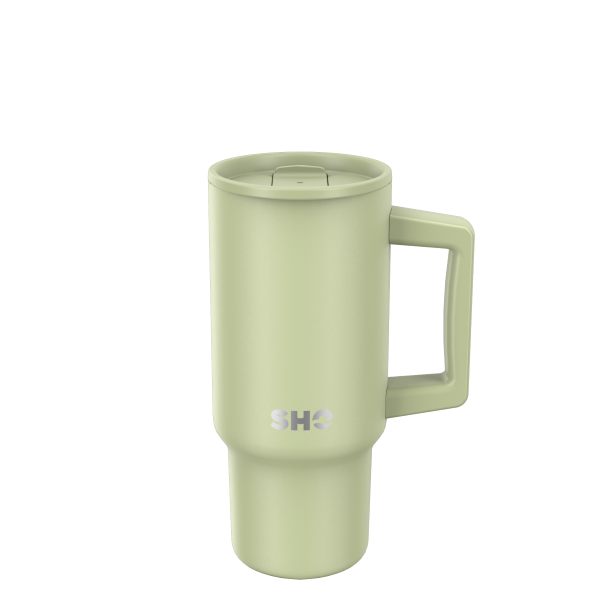 SHO reusable insulated large tumbler in sage green shown with sipper lid