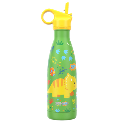 Kid's insulated bottle from SHO in Dinosaurs (green background with a colourful yellow dinosaur, blue footprints and flowers) with yellow straw 