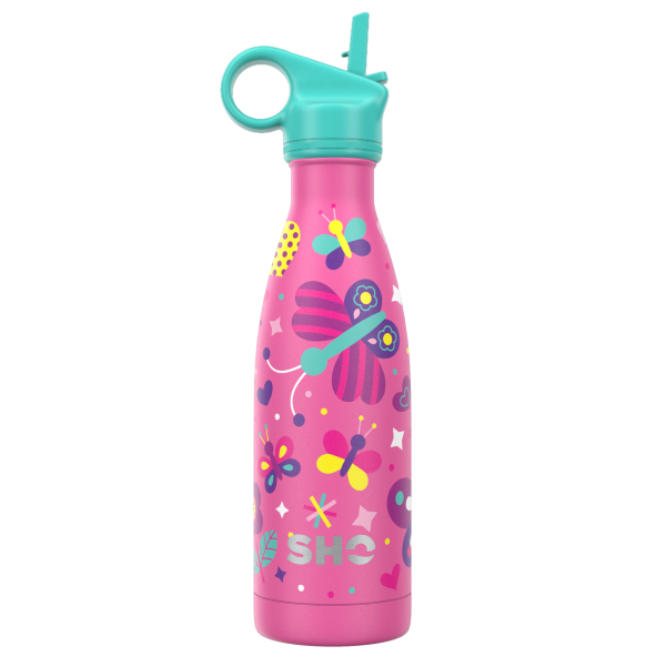 Kid's insulated bottle from SHO in Butterfly Dance (pink background with colourful butterflies) with aqua straw lid