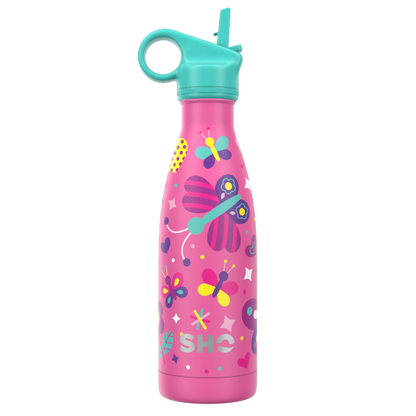 Kid's insulated bottle from SHO in Butterfly Dance (pink background with colourful butterflies) with aqua straw lid