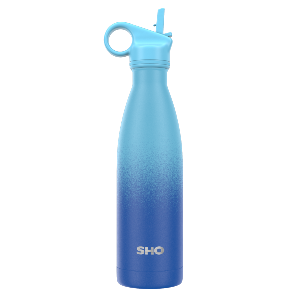 SHO insulated 500ml reusable bottle with straw lid in deux bleu colour (darker blue at bottom, graduating to a lighter blue at top)
