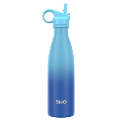 SHO insulated 500ml reusable bottle with straw lid in deux bleu colour (darker blue at bottom, graduating to a lighter blue at top)