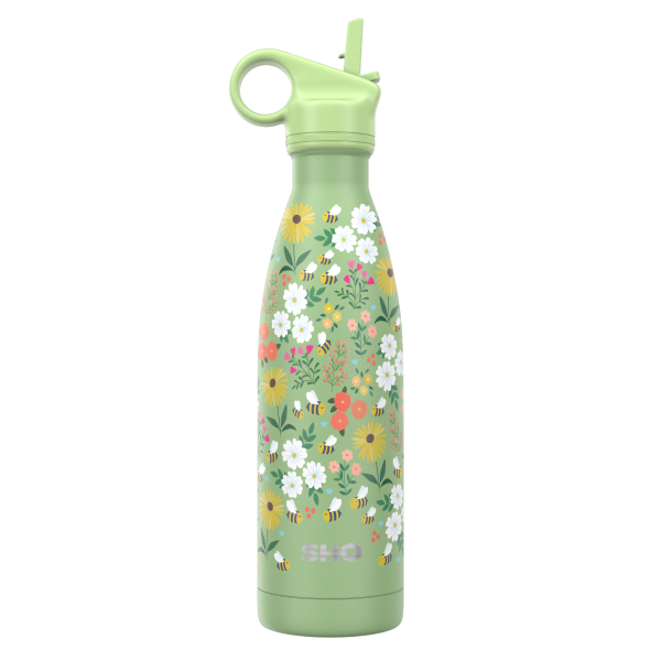 SHO insulated 500ml reusable bottle with straw lid in ditsy bees colour (green bottle with colourful flowers and bees)